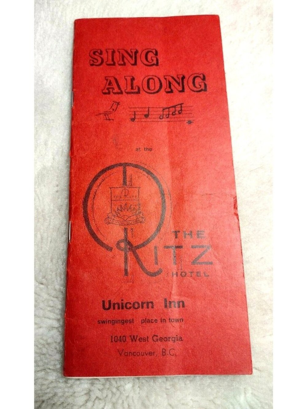 The Ritz Hotel Unicorn Inn Vintage Sing Along Pamphlet Vancouver BC Unicorn Inn